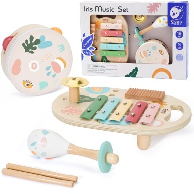CLASSIC WORLD Vaikiškų muzikos instrumentų rinkinys: cimbolai, būgnas, barškutis, 5 vnt.