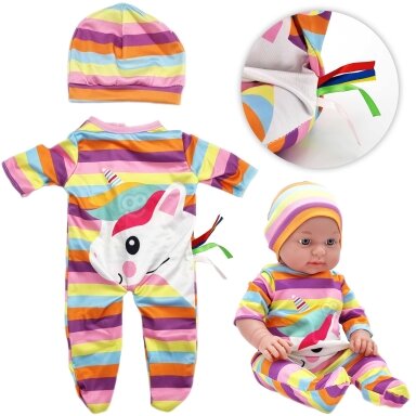 WOOPIE ROYAL lėlių drabužių rinkinys: romperis/kombinezonas, vienaragio kepurė 43-46 cm