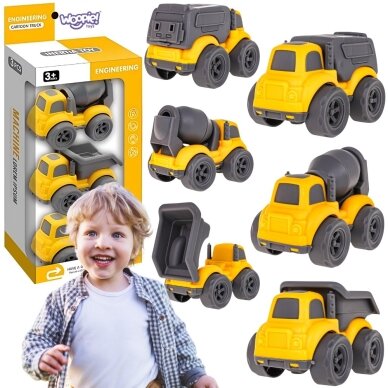 WOOPIE 3-in-1 rinkinys statybinės transporto priemonės šiukšliavežis betono maišyklė savivartis WOOPIE 3-in-1 rinkinys statybinės transporto priemonės šiukšliavežis betono maišyklė savivartis