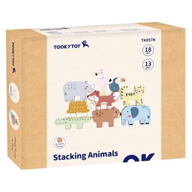 TOOKY TOY medinės kaladėlės dėlionė bokštui statyti, gyvūnų bokšto krovimas, Montessori, 13 vnt. 9