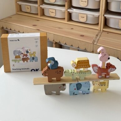 TOOKY TOY medinės kaladėlės dėlionė bokštui statyti, gyvūnų bokšto krovimas, Montessori, 13 vnt. 3