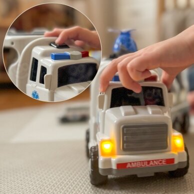 WOOPIE kelių vilkiko rinkinys iš 5 automobiliukų - Greitoji pagalba 5 WOOPIE kelių vilkiko rinkinys iš 5 automobiliukų - Greitoji pagalba 5