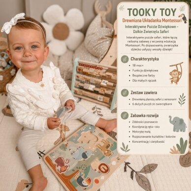 TOOKY TOY medinė dėlionė Montessori interaktyvi garsinė dėlionė laukiniai gyvūnai safari 1