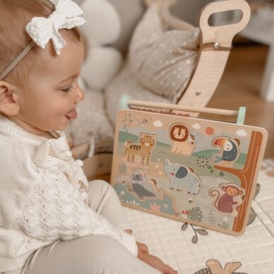 TOOKY TOY medinė dėlionė Montessori interaktyvi garsinė dėlionė laukiniai gyvūnai safari 4