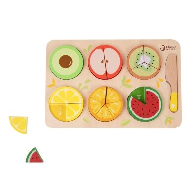CLASSIC WORLD Mediniai pjaustomi vaisiai su lipukais + trupmenų ir dalybos mokymasis MONTESSORI 23 vnt. 6