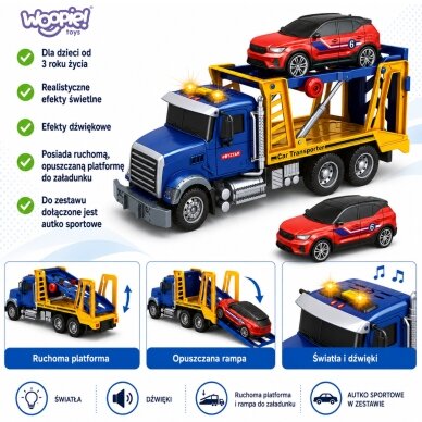 WOOPIE automobilių transporteris vilkikas su automobiliu, šviesomis ir garsu, mastelis 1:14 2 WOOPIE automobilių transporteris vilkikas su automobiliu, šviesomis ir garsu, mastelis 1:14 2