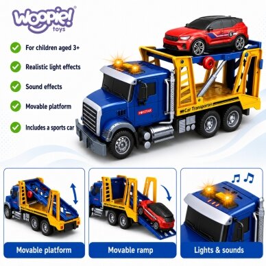 WOOPIE automobilių transporteris vilkikas su automobiliu, šviesomis ir garsu, mastelis 1:14 3 WOOPIE automobilių transporteris vilkikas su automobiliu, šviesomis ir garsu, mastelis 1:14 3