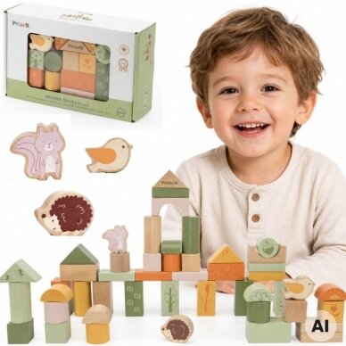 VIGA PolarB medinės kaladėlės Montessori kaladėlės Gyvūnai 50 vnt.