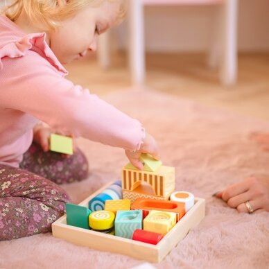 CLASSIC WORLD medinės sensorinės kaladėlės 7 funkcijos, daugiafunkcinės dėlionės formos su garsu MONTESSORI 14 vnt. 2