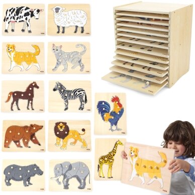 VIGA medinė dėlionių rinkinys 12 Montessori gyvūnų dėlionių + stovas VIGA medinė dėlionių rinkinys 12 Montessori gyvūnų dėlionių + stovas