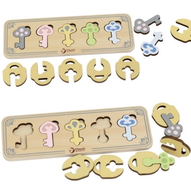 CLASSIC WORLD medinė Montessori sensorinė dėlionė su derinamais raktais ir spynomis 6