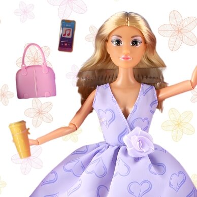 WOOPIE ROYAL lėlė Lily ilgais šviesiais plaukais 30cm levandų suknelė priedai 2