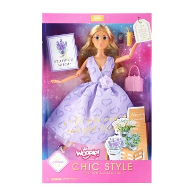 WOOPIE ROYAL lėlė Lily ilgais šviesiais plaukais 30cm levandų suknelė priedai 3