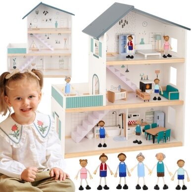 TOOKY TOY Didelis medinis lėlių namelis + FSC figūrėlės TOOKY TOY Didelis medinis lėlių namelis + FSC figūrėlės