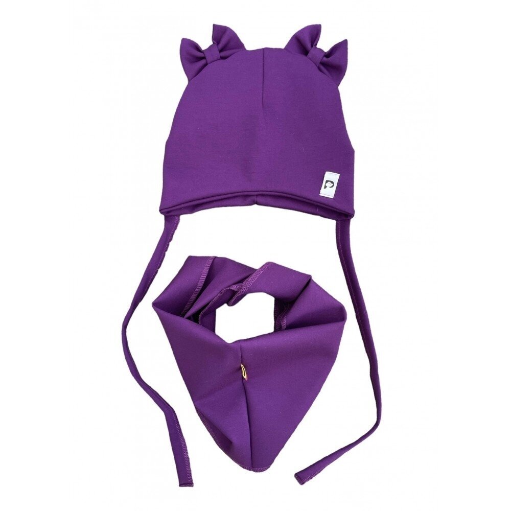 Kepurė su raišteliais ir kaklaskare pavasariui/rudeniui "Violetiniai kaspinėliai" 2 Kepurė su raišteliais ir kaklaskare pavasariui/rudeniui "Violetiniai kaspinėliai" 2