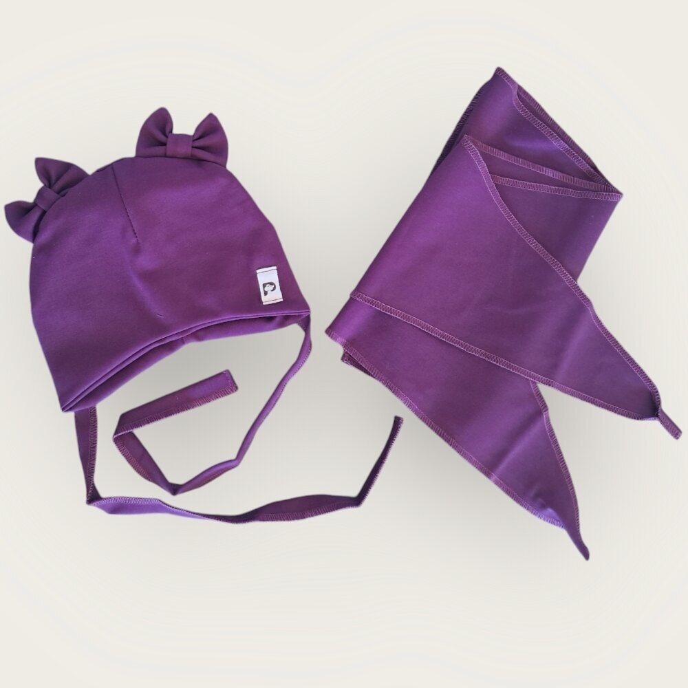 Kepurė su raišteliais ir kaklaskare pavasariui/rudeniui "Violetiniai kaspinėliai" Kepurė su raišteliais ir kaklaskare pavasariui/rudeniui "Violetiniai kaspinėliai"