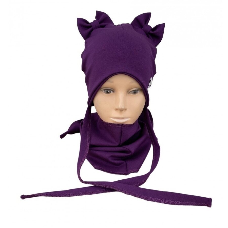 Kepurė su raišteliais ir kaklaskare pavasariui/rudeniui "Violetiniai kaspinėliai" 1 Kepurė su raišteliais ir kaklaskare pavasariui/rudeniui "Violetiniai kaspinėliai" 1