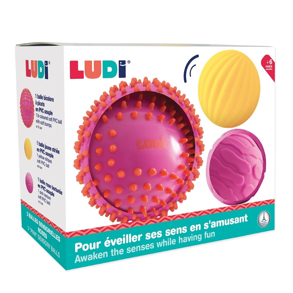 LUDI sensoriniai kamuoliukai, rožinė ir geltona, 3 vnt. 1 LUDI sensoriniai kamuoliukai, rožinė ir geltona, 3 vnt. 1