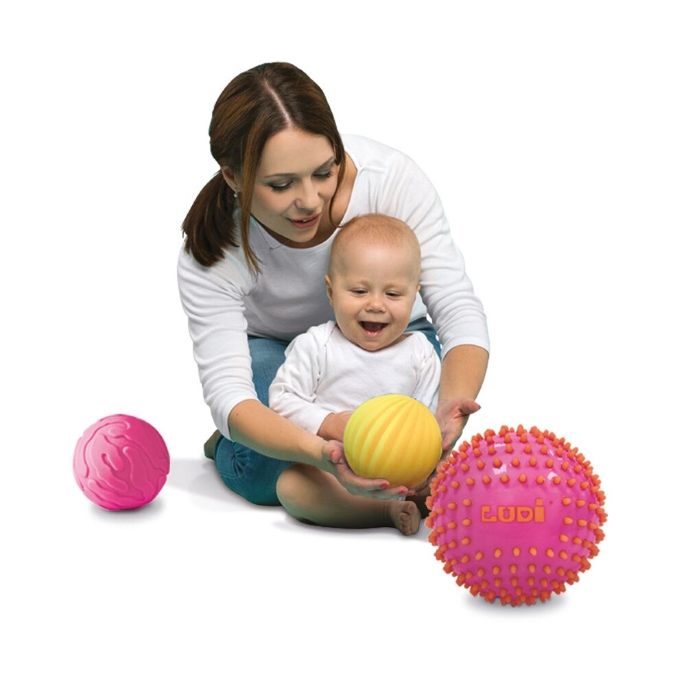 LUDI sensoriniai kamuoliukai, rožinė ir geltona, 3 vnt. 3 LUDI sensoriniai kamuoliukai, rožinė ir geltona, 3 vnt. 3