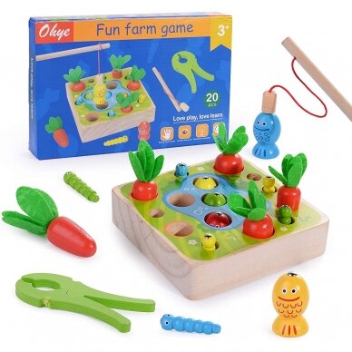 MONTESSORI medinis rinkinys su meškere ir pincetu Ūkininko daržas MONTESSORI medinis rinkinys su meškere ir pincetu Ūkininko daržas