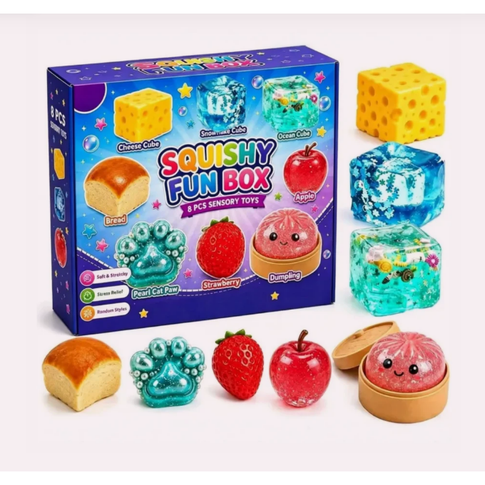 Sensorinių žaislų rinkinys „Squishy Fun Box“ (8 vnt.) Sensorinių žaislų rinkinys „Squishy Fun Box“ (8 vnt.)