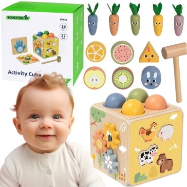 TOOKY TOY medinė edukacinė kubo formos dėlionė su spyruokle 5-in-1