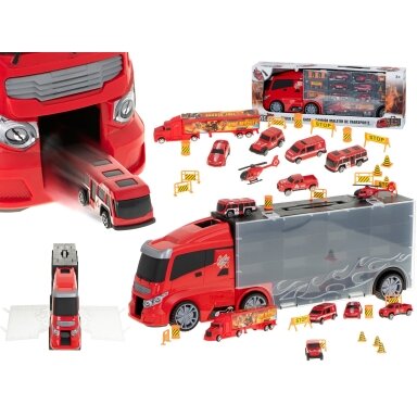 Ugniagesių transporteris su automobiliais ir ženklais