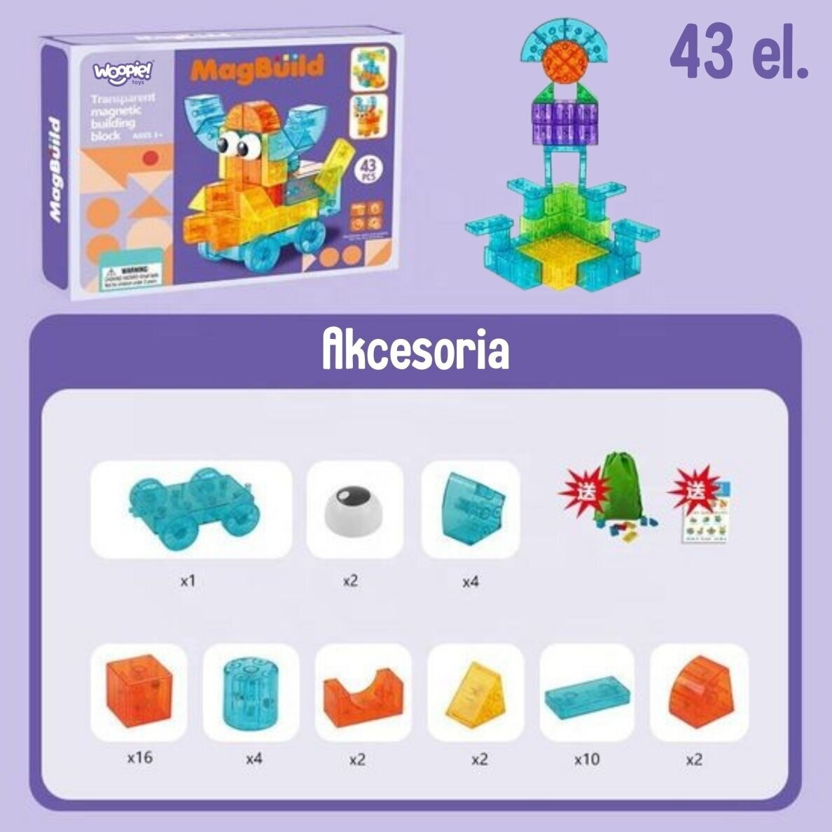 WOOPIE Permatomi magnetiniai konstravimo blokeliai 43 vnt. 7